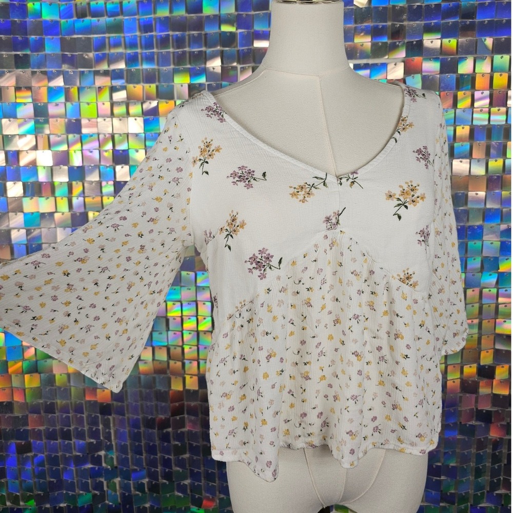 Hollister Floral Babydoll Top Womens M White Bell Sleeve Tie Back Fairy Peasant